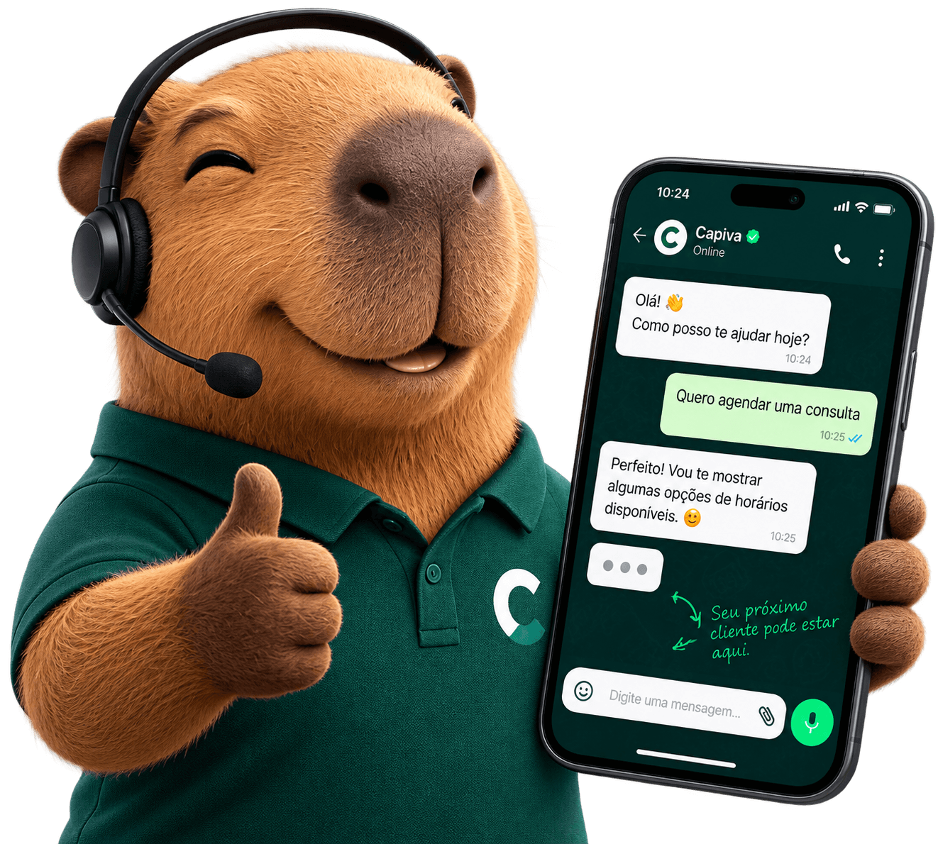 Mascote Capiva, atendente virtual, dando joinha e segurando um celular com o WhatsApp aberto